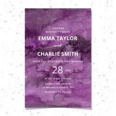 wedding invitation with starry night purple watercolor background