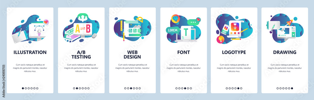 Poster web site onboarding screens. graphic design, web and logotype design, computer fonts. menu vector ba