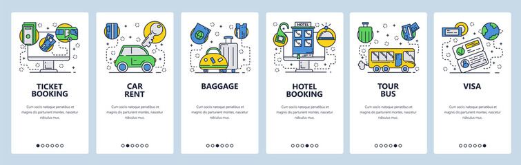 Web site onboarding screens. Holiday travel icons, hotel booking, tickets, visa, car rent. Menu vector banner template for website and mobile app development. Modern design linear art flat