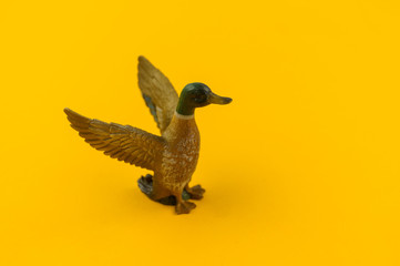 Toy drake from plastic on a yellow background.