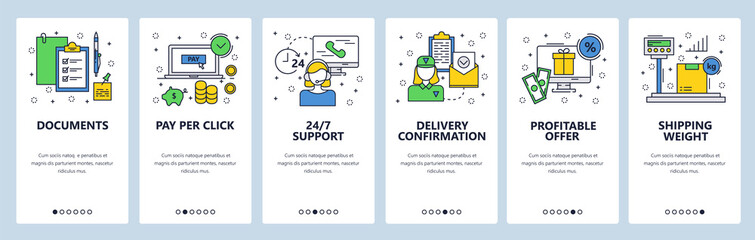Web site onboarding screens. Online shopping, call center, advertising, shipping. Menu vector banner template for website and mobile app development. Modern design linear art flat illustration.