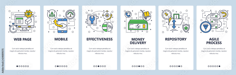 Poster web site onboarding screens. repository, agile process . menu vector banner template for website and