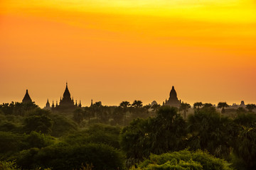 Silhouette of Bagan pagodas at sunrise in Mandalay, Myanmar