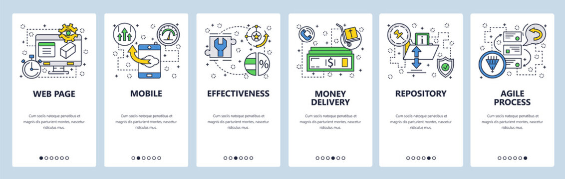 Web site onboarding screens. Repository, agile process . Menu vector banner template for website and mobile app development. Modern design linear art flat illustration.