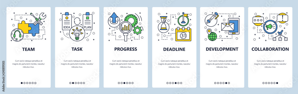 Wall mural web site onboarding screens. task progress and deadline. menu vector banner template for website and