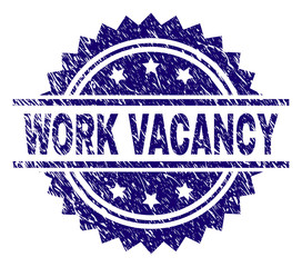 WORK VACANCY stamp seal watermark with distress style. Blue vector rubber print of WORK VACANCY label with scratched texture.