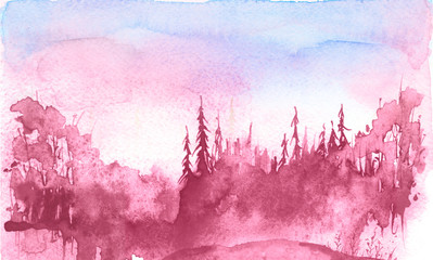 Watercolor landscape. Picture of a pine forest, a pink silhouette of trees and bushes. pinks plash of paint.Abstract splash of paint, fashion illustration.Morning landscape, forest. Reflection of tree