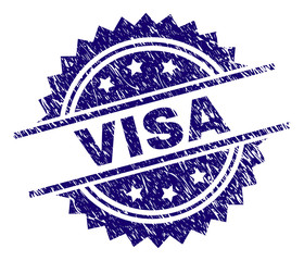 VISA stamp seal watermark with distress style. Blue vector rubber print of VISA label with grunge texture.