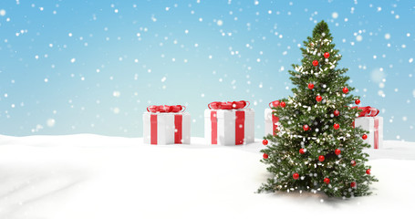 Christmas tree fir with baubles next to christmas presents with snowflakes 3d-illustration