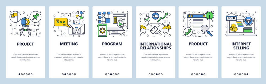 Web site onboarding screens. Project, software program, internet shop. Menu vector banner template for website and mobile app development. Modern design linear art flat illustration.