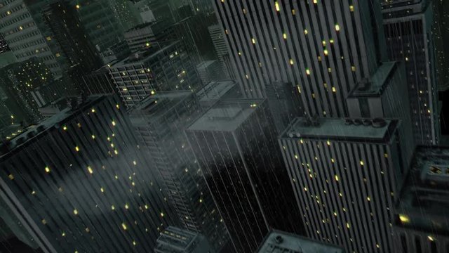 City Rain Fly Through features a camera fly-over of city building at night with rain coming down and a final frame focused on the moon.