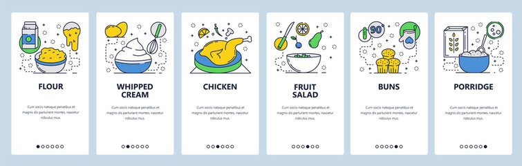 Web site onboarding screens. Breakfast food, chicken, fruit salad, cake, porridge. Menu vector banner template for website and mobile app development. Modern design linear art flat illustration.