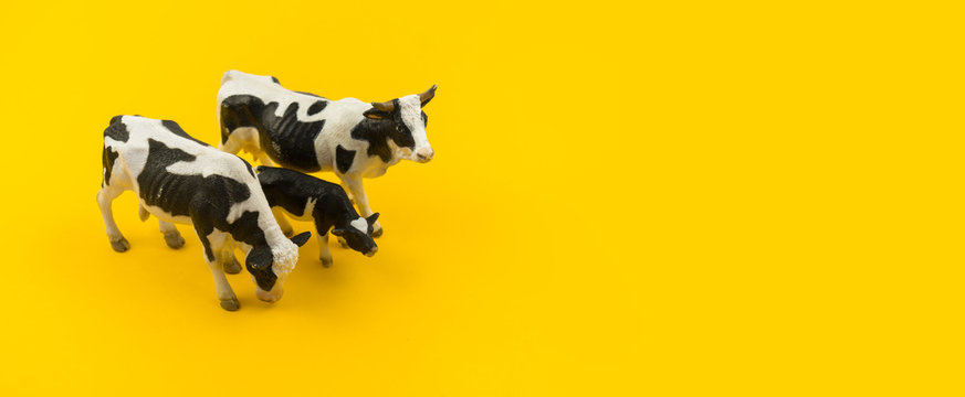 Toy cow made of plastic on a yellow background.