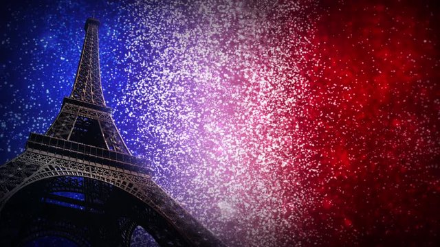 French Glitter Flag Sky with Eiffel Tower Loop - This video features a view of looking up at the Eiffel Tower with time blue, white, and red, particles in the background in a loop and ready for your c