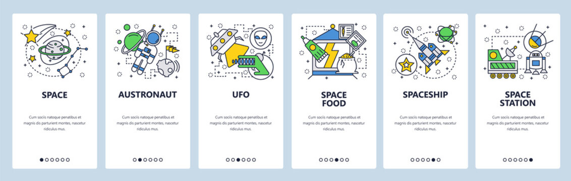 Web site onboarding screens. Outer space, planets, alines, space rocket launch. Menu vector banner template for website and mobile app development. Modern design linear art flat illustration.