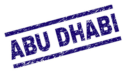 ABU DHABI seal print with grunge style. Blue vector rubber print of ABU DHABI label with dust texture. Text label is placed between parallel lines.