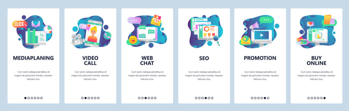 Web site onboarding screens. Social media, online chat, video call, SEO and marketing promotion, online shopping. Menu vector banner template for website and mobile app development. Modern design