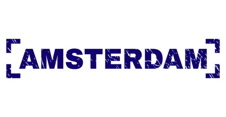 AMSTERDAM text seal print with grunge texture. Text caption is placed inside corners. Blue vector rubber print of AMSTERDAM with scratched texture.