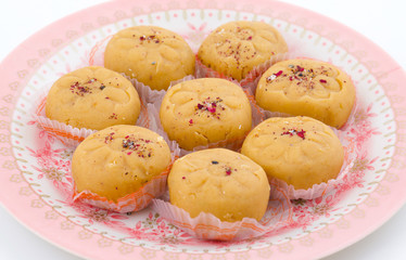 Indian Most Popular Sweet Food Variety of Peda Also Called Pedha, Peday or Pera Made By Milk, Khoya, Saffron or Other Flavours. It's a Popular Festival Food From India © HeyRix