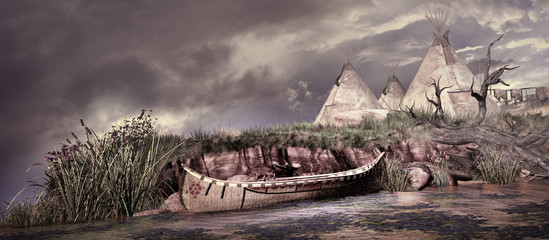Indian camp on the river bank © Melkor3D