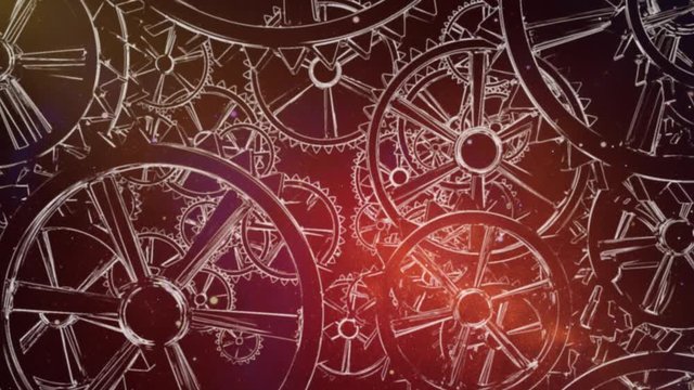 Zoom Gears outline in Space 4K Loop features a camera zooming through white outlined turning gears with space like background and sparks floating up