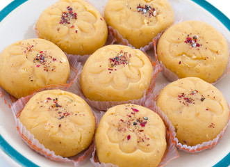 Indian Most Popular Sweet Food Variety of Peda Also Called Pedha, Peday or Pera Made By Milk, Khoya, Saffron or Other Flavours. It's a Popular Festival Food From India
