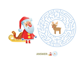 Winter Maze Labyrinth Game with answer. Help Santa find the way out of the Labyrinth. Colorful flat vector illustration. Isolated on white background.