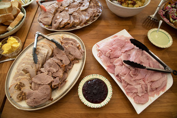 Christmas plates of ham & meat with sauce