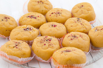 Indian Most Popular Sweet Food Variety of Peda Also Called Pedha, Peday or Pera Made By Milk, Khoya, Saffron or Other Flavours. It's a Popular Festival Food From India