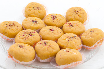 Indian Most Popular Sweet Food Variety of Peda Also Called Pedha, Peday or Pera Made By Milk, Khoya, Saffron or Other Flavours. It's a Popular Festival Food From India