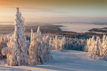 Ski resort snow covered landscape. Sunny frosty day. Lapland Finland