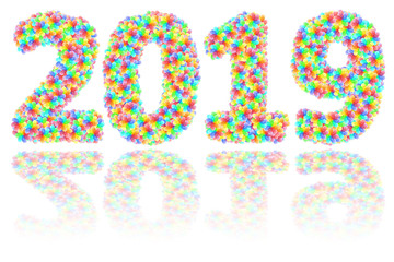 2019 digits composed of colorful glass flowers on glossy white