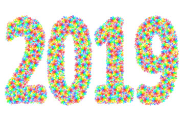 2019 digits composed of colorful glass flowers isolated on white