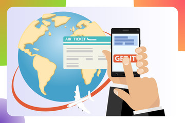 Airline online tickets mobile app. Buy Ticket Online mobile. Application Globe, World Map, Travel, Vacation. Online Ticket Airline with Mobile App. Vector illustration.