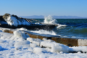 Russia. Vladivostok, Amur Bay, Yubileyny beach in frosty winter day