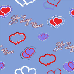 The hearts of red, white, and blue with imitation cut in the paper with the inscription you are always in my heart on a purple background. Pattern.