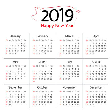2019 Year Calendar Planner of Pig Vector Design template