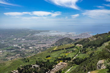 Fototapeta na wymiar Amazing panorama from Erice, Sicily. It is possible to see Trapani city, Paceco saline and Aegadian Islands
