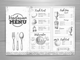 Vintage grunge vegetarian food menu design.  Fresh fruit sketch