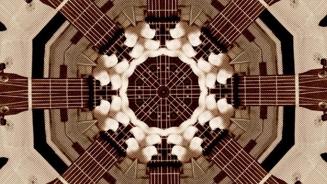 Abstract dot motion background of psychedelic kaleidoscopic acoustic guitar