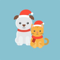 cute puppy and kitten for christmas poster,flat style