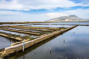 Landscape of Saline di Trapani e Paceco nature reserve with Mount Erice on the background, Sicily, Italy