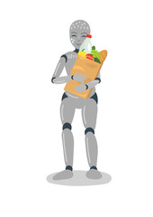 Robot holding grocery bag on white background.