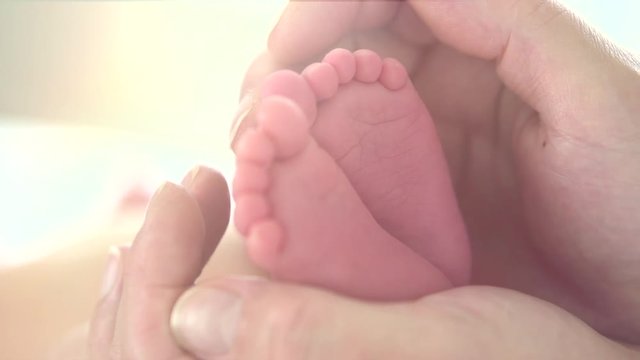 Tiny newborn baby's feet in female hands closeup. Baby feet in mother hands. Happy family concept. Slow motion. 3840X2160 4K UHD video footage