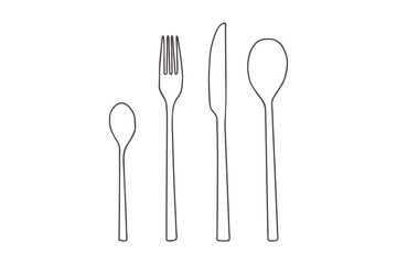   Line Art illustration - small spoon, fork, knife, big spoon