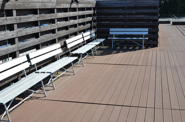 Wood deck and bench set at resort facility