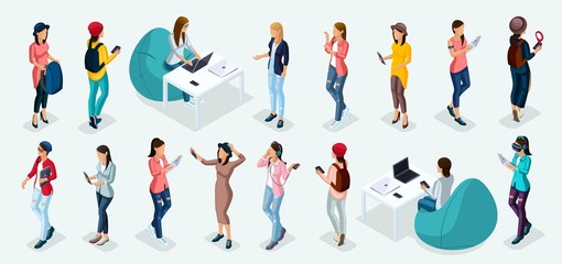 Trendy isometric vector people, 3d person teenagers, modern girl and gadgets, freelancers, startup, coworking, office work, modern people isolated on