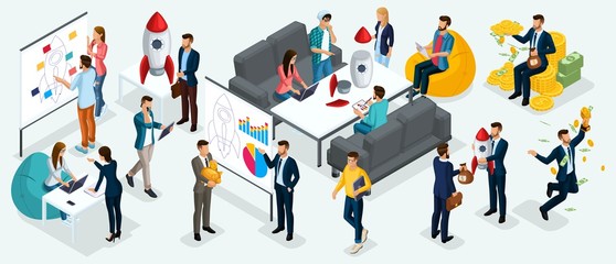 Isometric people, entrepreneurs present a new startup project business plan, development of investment search. New projects isolated on a light background