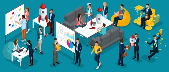 Isometric people, entrepreneurs present a new startup project business plan, development of investment search. New projects isolated bright blue background