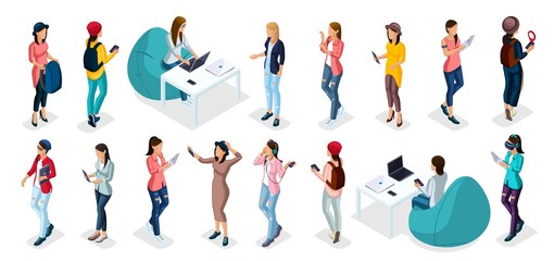 Trendy isometric vector people, 3d person teenagers, modern girl and gadgets, freelancers, startup, coworking, office work, modern people isolated white background
